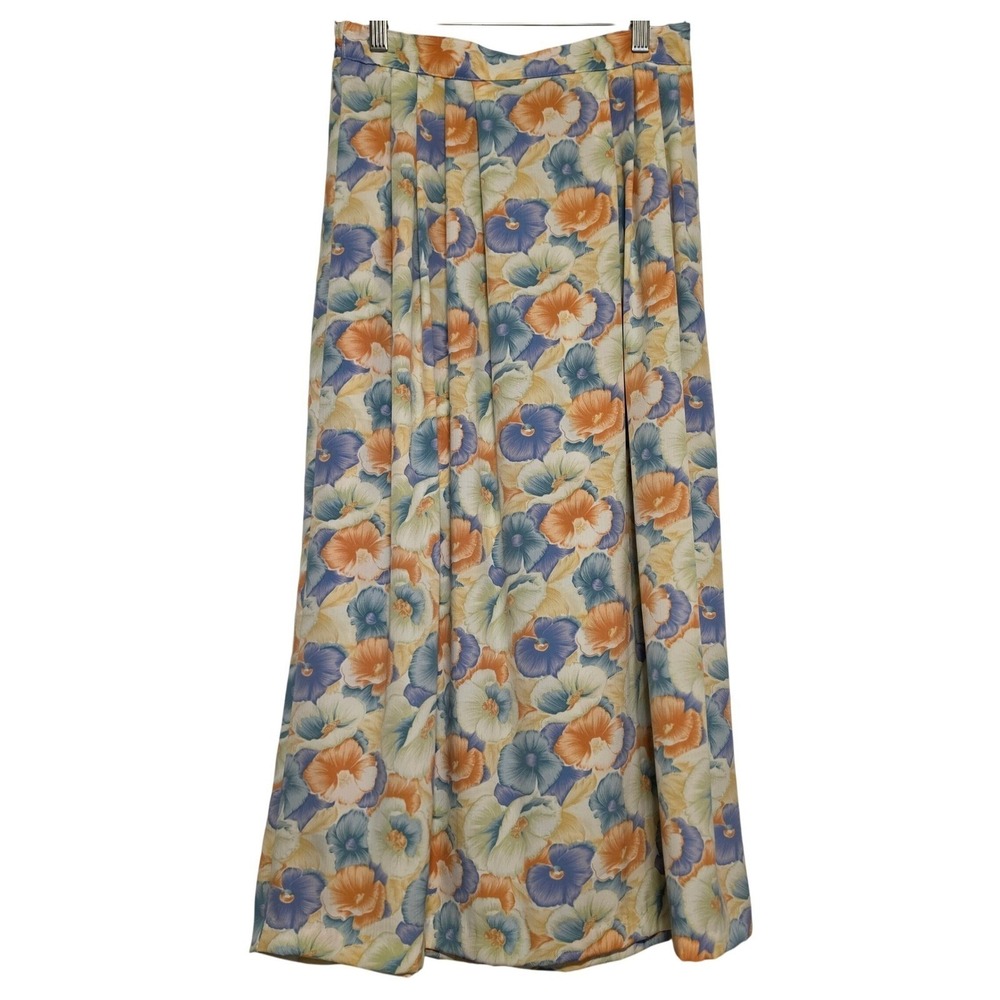 Caroll Reed Floral Pansy Print Pleated High Waist Midi Skirt Blue Orange Small